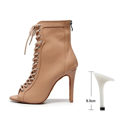 Woman Beige Black Latin Dance Booties Women Open Toe Lace Up Stiletto Bootie for Girls Suede Sole High Heel Dance Boots Shoes