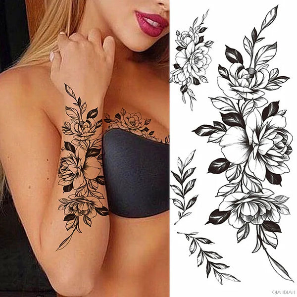 Black Flower Temporary Tattoos Sticker Arm Sleeve Rose Moon Butterfly Snake Henna Body Decorate Realistic Fake 3D Women Totem