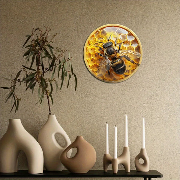 Round Aluminum Metal Wreath Sign, Flat Print, Bee and Honeycomb Themed, Home Decor, Wall Decoration, Holiday Gift, 2D