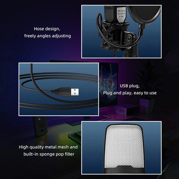 USB Microphone RGB Microfone Condensador Wire Gaming Mic for Podcast Recording Shockproof Stand Streaming Tiktok Laptop Desktop
