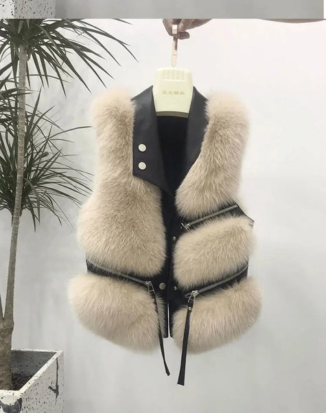 Women's Vest Short Fur Coat Slim Fit Fashion Autumn and Winter 2024 Splicing Jacket