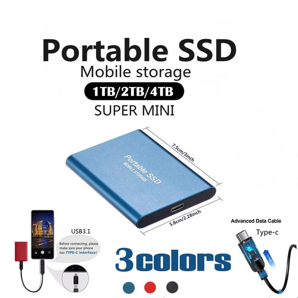 Portable SSD 1TB 2TB High Speed Solid State  External Hard Drive 4TB Disk Mass Storage Hard Drive Type-C Interface for Laptop/PC