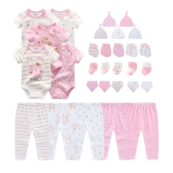 Cute Baby Girl Layette Gift Set Cotton Newborn Boy Clothes & Newborn Essentials 30-Piece Bodysuits+Pants+Hats+Mittens+Socks+Bibs