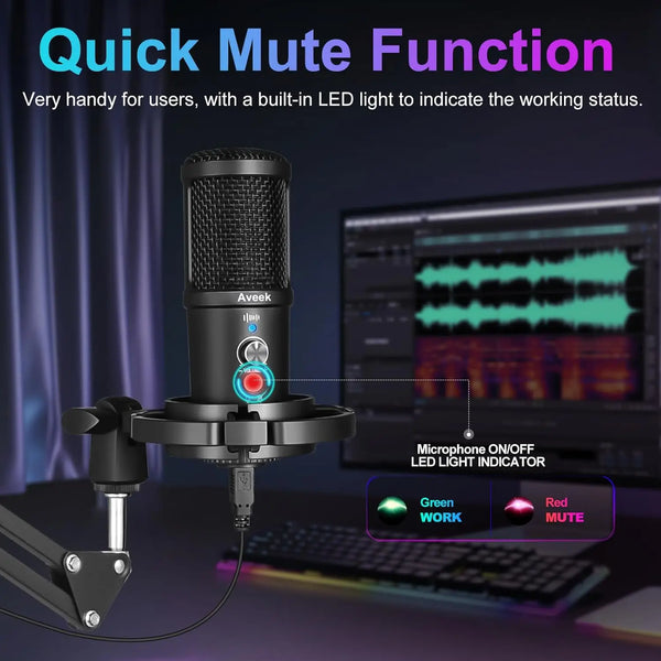 Aveek Gaming USB Microphone, Noise Cancellation Condenser mic for Pc, Podcast Microphone,with Boom Bracket,for Gaming,Podcasting