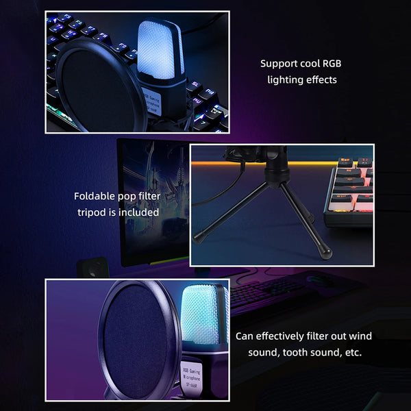 USB Microphone RGB Microfone Condensador Wire Gaming Mic for Podcast Recording Shockproof Stand Streaming Tiktok Laptop Desktop