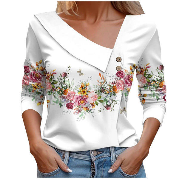 T Shirt For Women Fashion Long Sleeve Top White Floral Print Shirts And Blouses Autumn Winter Clothes For Women