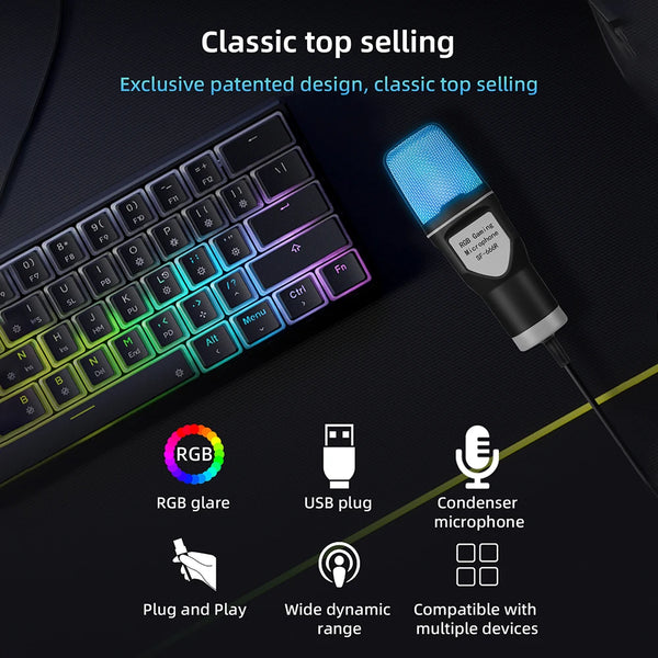 USB Microphone RGB Microfone Condensador Wire Gaming Mic for Podcast Recording Shockproof Stand Streaming Tiktok Laptop Desktop