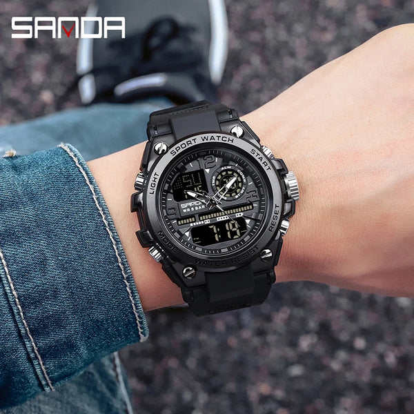 SANDA Men Sports Quartz Watches Dual Display LED Electronic Digital Wristwatches Waterproof Military Watch Relogios Masculino
