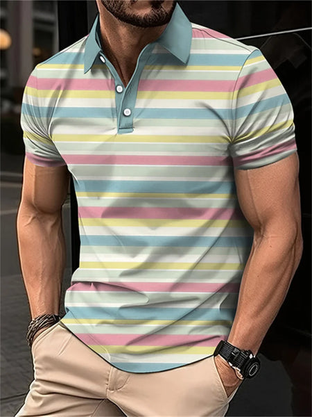 2024 New men's short sleeved 3D digital printing summer lapel contrasting striped polo shirt for men's business and leisure top