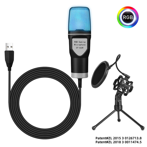 USB Microphone RGB Microfone Condensador Wire Gaming Mic for Podcast Recording Shockproof Stand Streaming Tiktok Laptop Desktop
