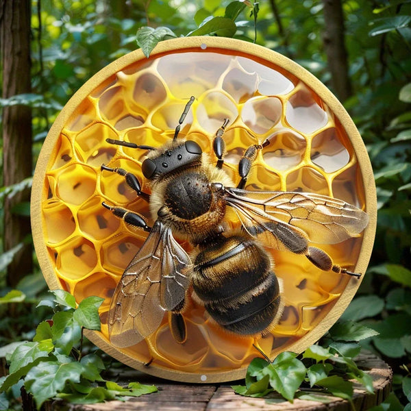 Round Aluminum Metal Wreath Sign, Flat Print, Bee and Honeycomb Themed, Home Decor, Wall Decoration, Holiday Gift, 2D
