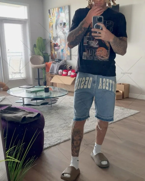 American Street Embroidery High Waist Washed Denim Shorts Harajuku Retro Trendy Brand Oversized Jeans Men Y2k Goth Punk Shorts