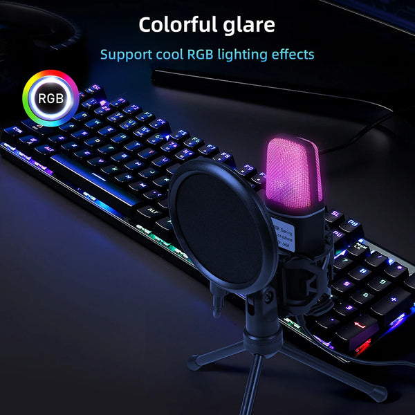 USB Microphone RGB Microfone Condensador Wire Gaming Mic for Podcast Recording Shockproof Stand Streaming Tiktok Laptop Desktop