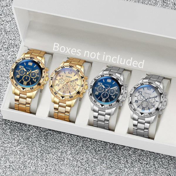 4pcs/set Men's Watches Fashion Arabic Dial Steel Band Quartz Watch Set (Without Box)