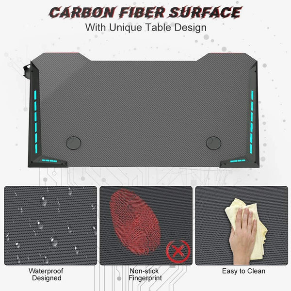 Gaming Desk RGB Lighting Home Office Desk Ergonomic Gamer Workstation, Carbon Fibre Surface, Cup Holder and Headphone Hook