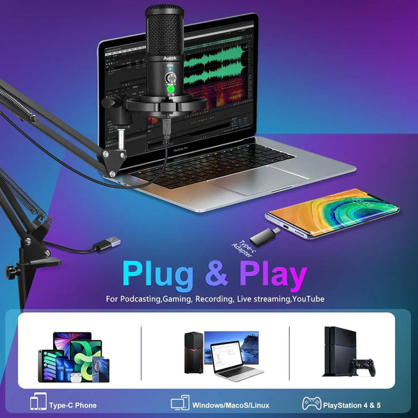 Aveek Gaming USB Microphone, Noise Cancellation Condenser mic for Pc, Podcast Microphone,with Boom Bracket,for Gaming,Podcasting