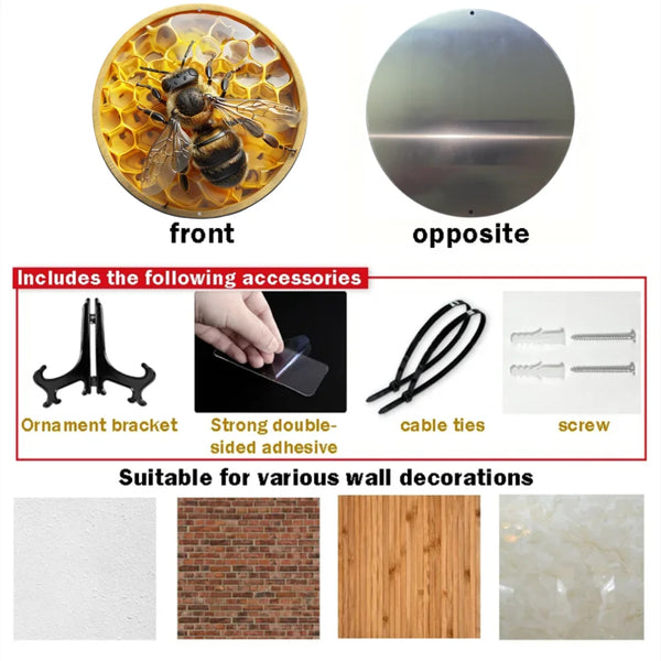 Round Aluminum Metal Wreath Sign, Flat Print, Bee and Honeycomb Themed, Home Decor, Wall Decoration, Holiday Gift, 2D