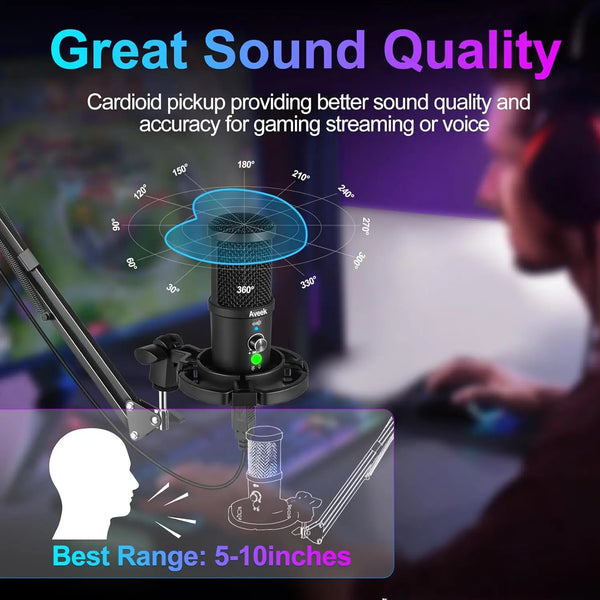 Aveek Gaming USB Microphone, Noise Cancellation Condenser mic for Pc, Podcast Microphone,with Boom Bracket,for Gaming,Podcasting