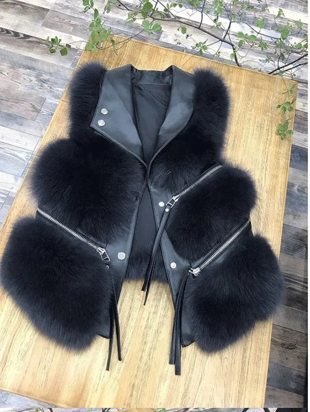 Women's Vest Short Fur Coat Slim Fit Fashion Autumn and Winter 2024 Splicing Jacket