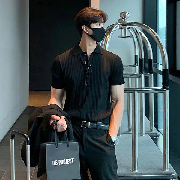 2024Men's Clothing Luxury Knit Polo Shirt Casual Striped Button Down Solid Color Short Sleeve T-Shirt for Men Breathable M-3XL