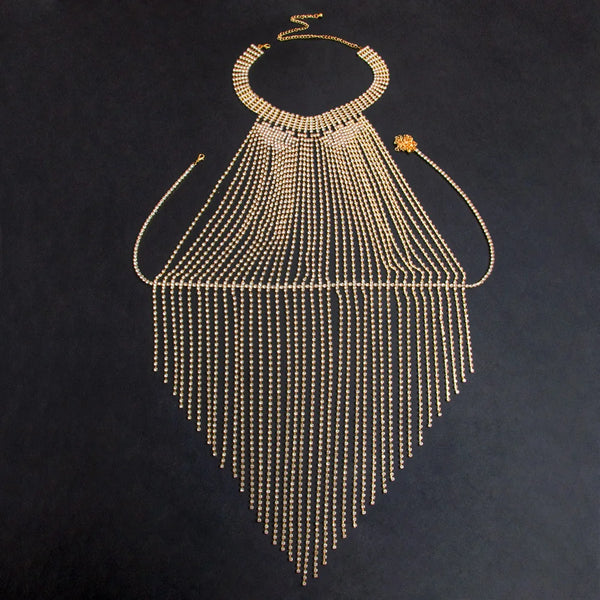 Luxurious Long Tassels Hip Hop Style Full Rhinestone Chest Chain Nightclub Women's Body Chain Jewelry