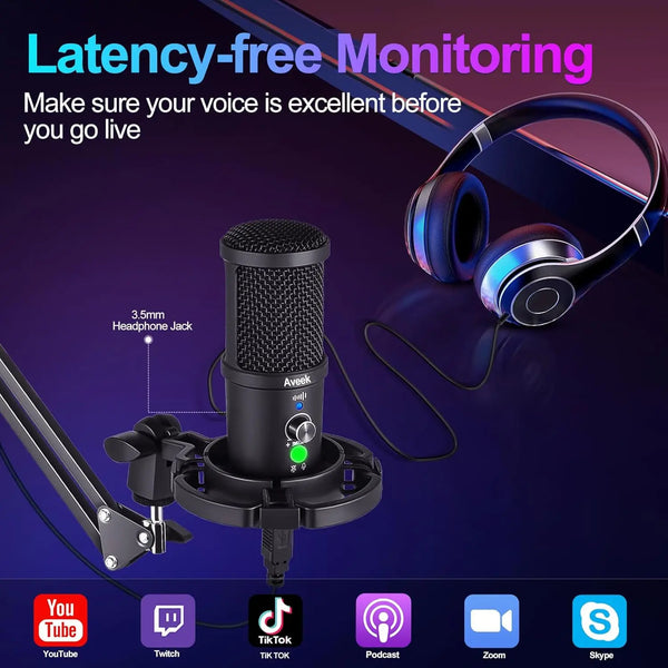 Aveek Gaming USB Microphone, Noise Cancellation Condenser mic for Pc, Podcast Microphone,with Boom Bracket,for Gaming,Podcasting