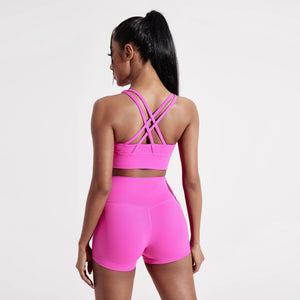 Solid Color High impact shockproof Cross Back Sport Bra Gym Bike Yoga Set Short Legging + Athletic Women Gym Suit training wear