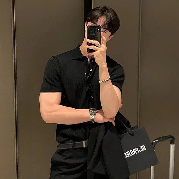 2024Men's Clothing Luxury Knit Polo Shirt Casual Striped Button Down Solid Color Short Sleeve T-Shirt for Men Breathable M-3XL