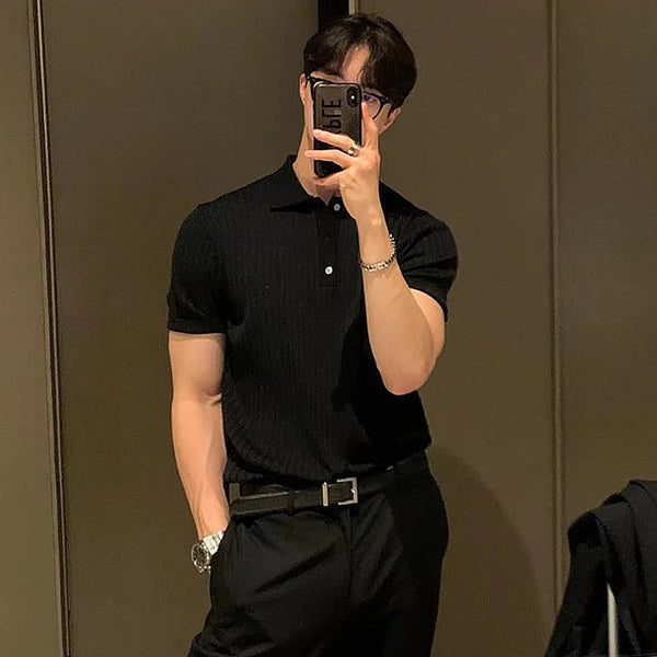 2024Men's Clothing Luxury Knit Polo Shirt Casual Striped Button Down Solid Color Short Sleeve T-Shirt for Men Breathable M-3XL