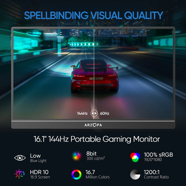 ARZOPA 16.1 inch 100% sRGB 144Hz Portable Monitor Gaming  Laptop Display with Type C Mini HDMI For PS/Steam/Deck/Switch/PC/Mac