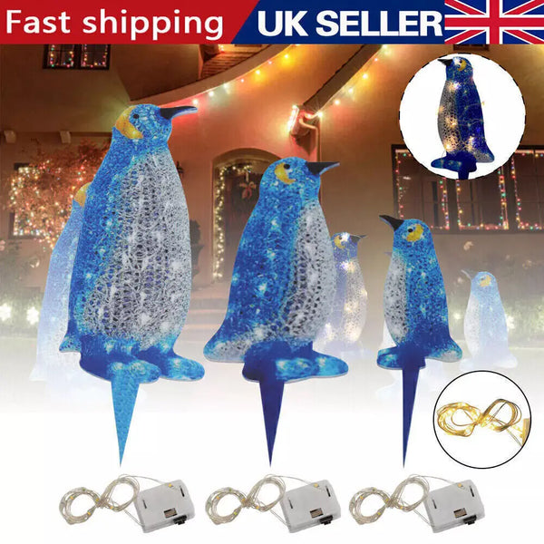 3Pcs Christmas Penguin Acrylic Light Up Decor Indoor & Outdoor Garden Ornaments UK