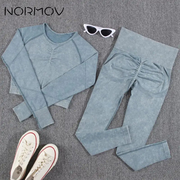 NORMOV 2Pcs Gym Women Sets Seamless Yoga Set High Waist Gym Sportwear Push Up Sport Workout Sets Fitness Long Sleeve Gym Suit