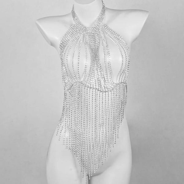 Luxurious Long Tassels Hip Hop Style Full Rhinestone Chest Chain Nightclub Women's Body Chain Jewelry