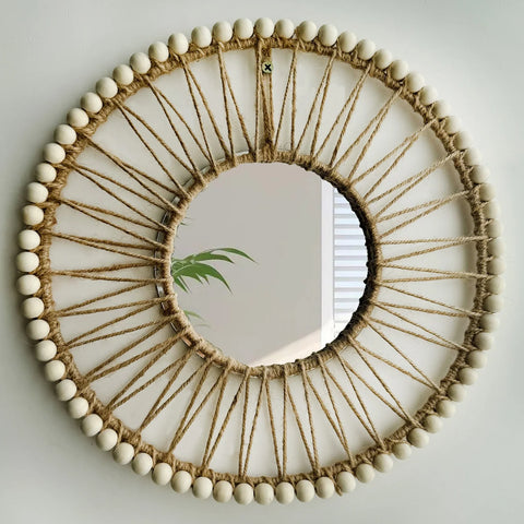 Hand-woven Nordic decorative hanging mirror creative wall sofa porch homestay style background wall hollow out decor mirror