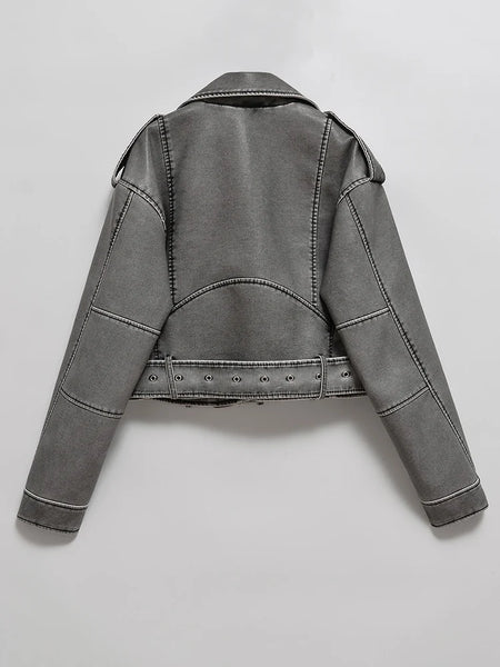 Ailegogo Women Vintage Loose Washed Faux Leather Short Jacket Streetwear Female Zipper Belt Moto Biker Retro Coat Outwear Tops