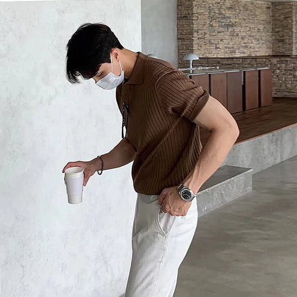 2024Men's Clothing Luxury Knit Polo Shirt Casual Striped Button Down Solid Color Short Sleeve T-Shirt for Men Breathable M-3XL