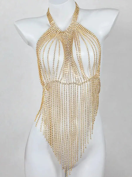 Luxurious Long Tassels Hip Hop Style Full Rhinestone Chest Chain Nightclub Women's Body Chain Jewelry